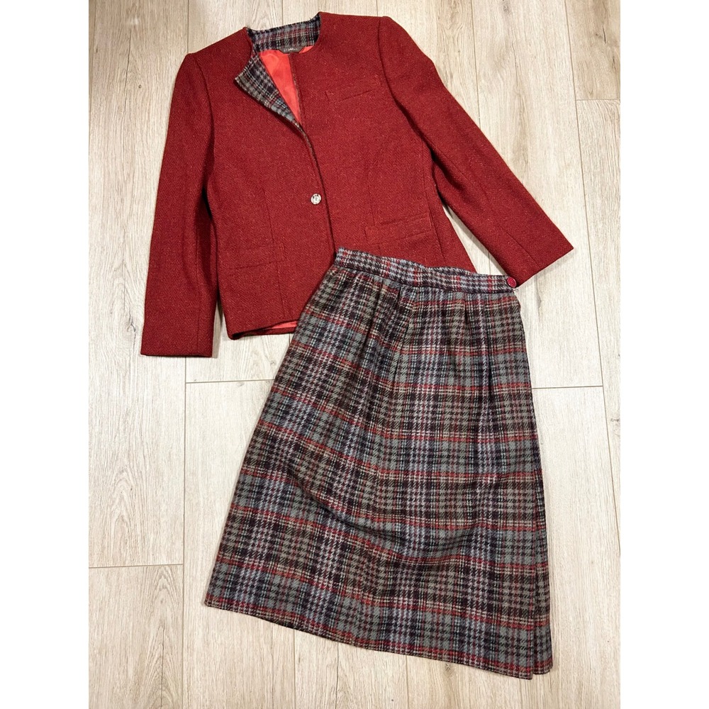 Vintage Cesarani Red Wool Skirt Suit Set Plaid Midi Skirt Blazer ILGWU Size 6